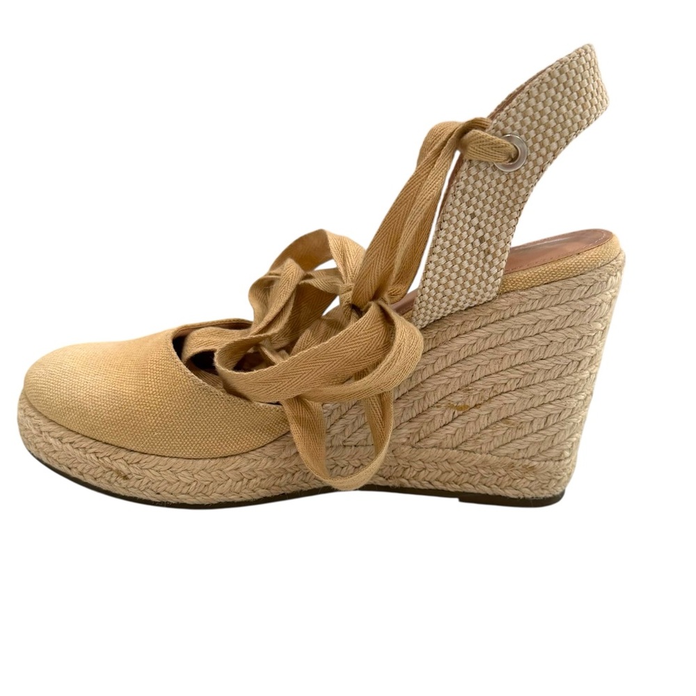ZBY Espadrille Wedge Heels Beige Canvas Tie Up Sandals Size 6.5